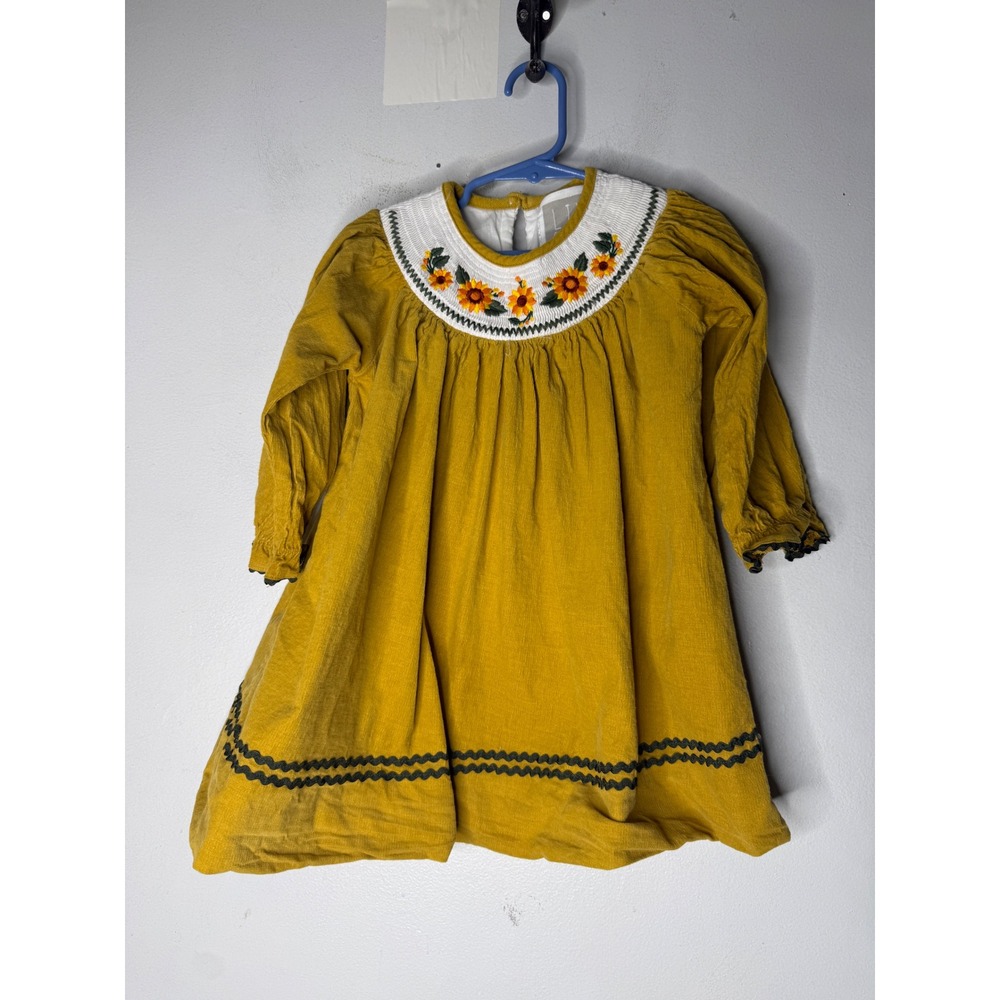 Lil Cactus Mustard Yellow Corduroy Sunflower Smocked Dress 2T Kids Long Sleeve